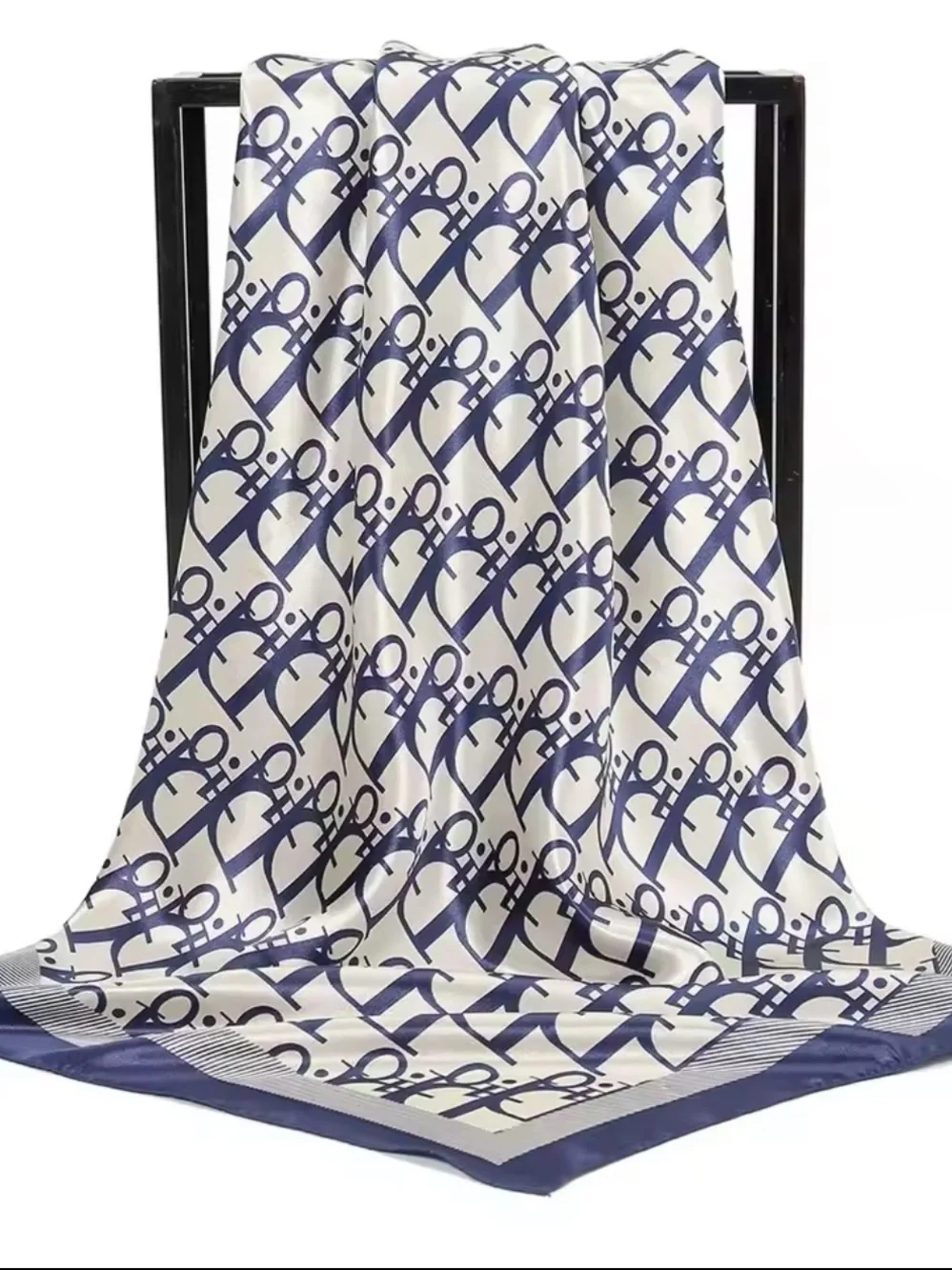 & Other Stories Navy and Cream Monogram Print Silk Scarf